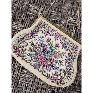 Vintage Needlepoint Floral Clutch Handstitched Filigree Clasp